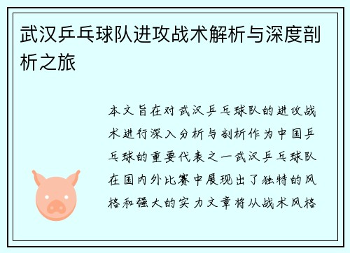 武汉乒乓球队进攻战术解析与深度剖析之旅