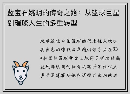 蓝宝石姚明的传奇之路：从篮球巨星到璀璨人生的多重转型